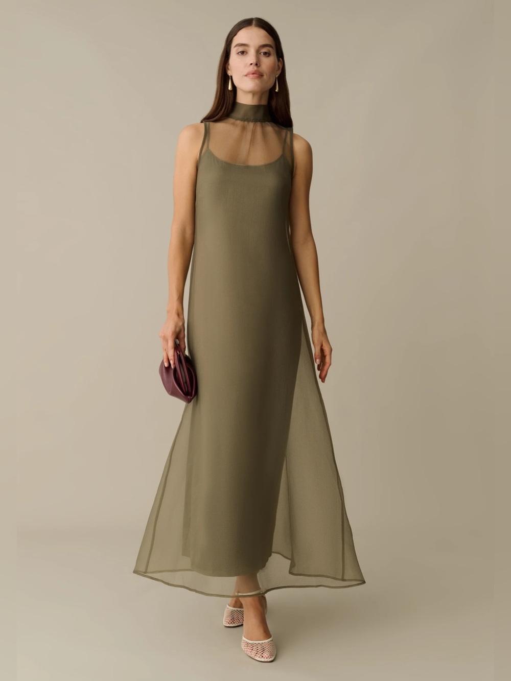 NWT Few Moda Caara Alette Dress size Small S moss grey halter organza maxi midi